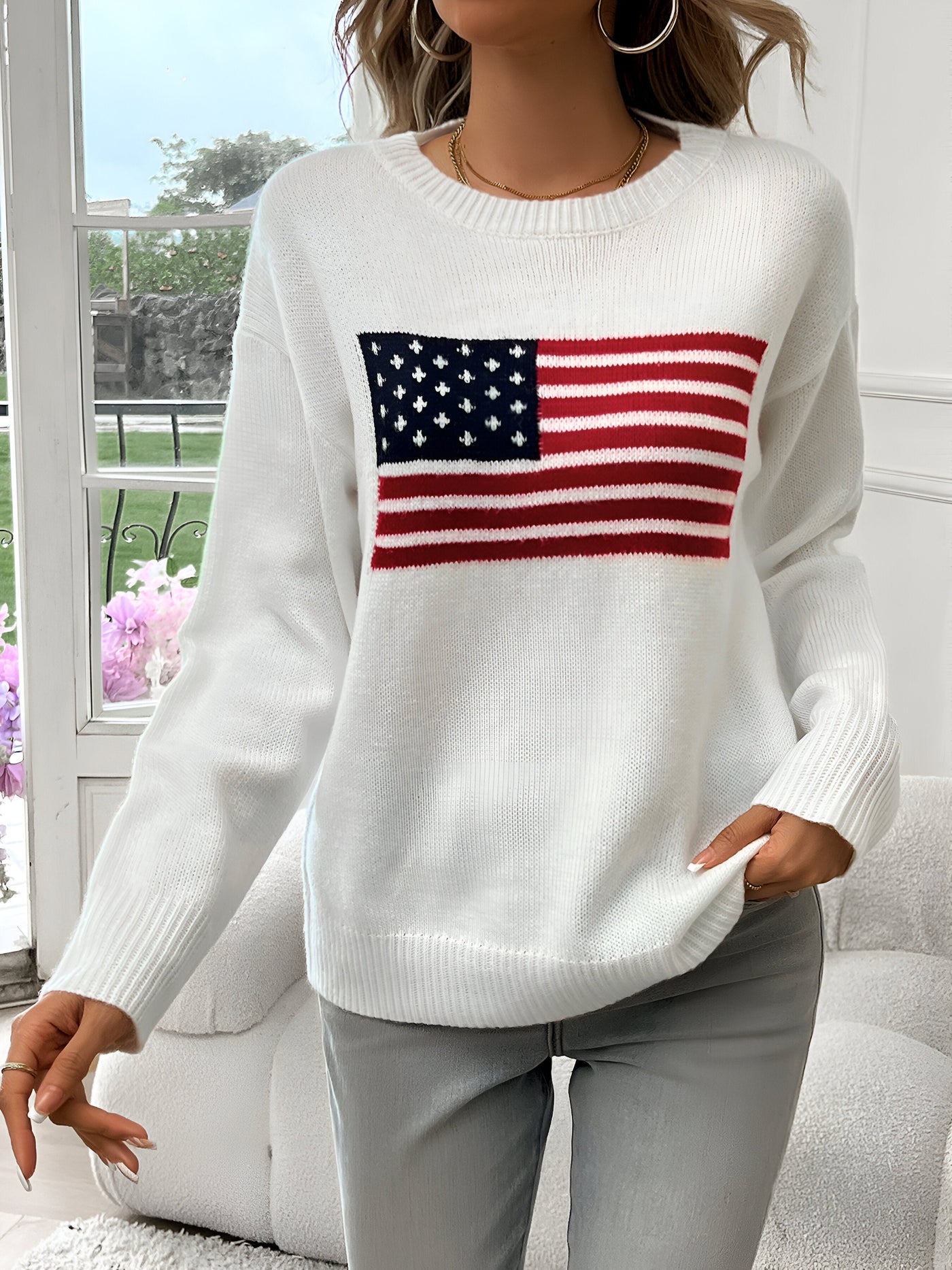 Livia – pullover mit rundhalsausschnitt und amerikanischer flagge