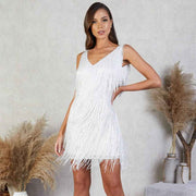 Zazie – Glitzerndes Fransen-Minikleid mit V-Ausschnitt – Weiss