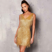 Zazie – Glitzerndes Fransen-Minikleid mit V-Ausschnitt – Gold