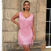 Zazie – Glitzerndes Fransen-Minikleid mit V-Ausschnitt – Rosa
