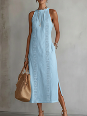 Zenobia | Damen Ärmeloses Midikleid mit Stehkragen – Blau